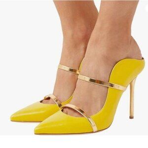 FSJ Yellow Pointy Toe Mules Sandals High Heels Double Straps Slide Sandals